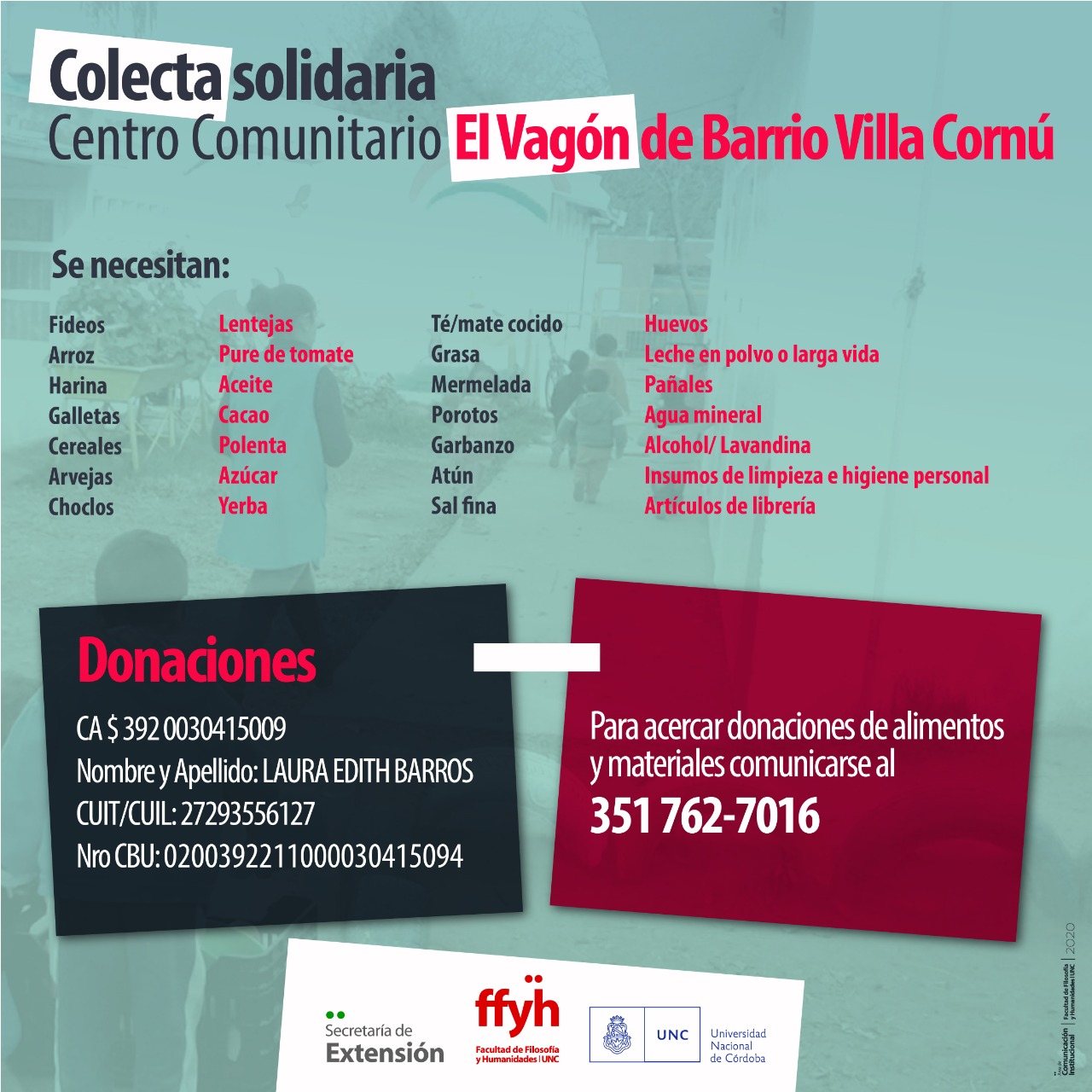 Colecta Solidaria para el Centro Comunitario «El Vagón» de Villa Cornú