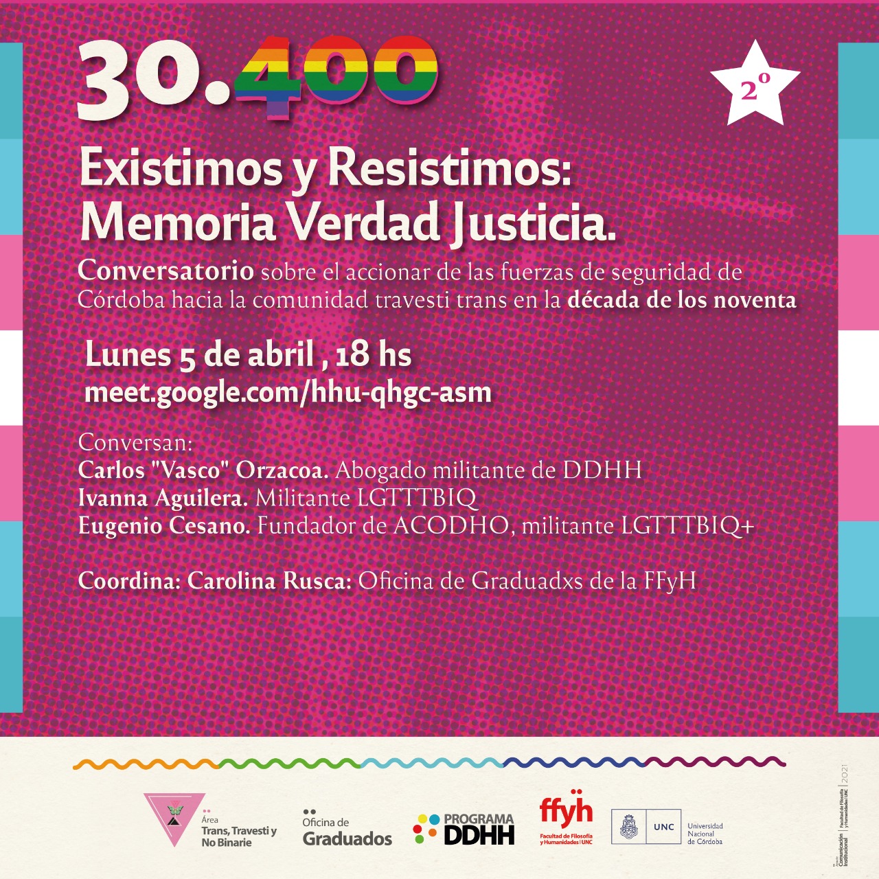30.400 Existimos y Resistimos. Conversatorio sobre el accionar de las fuerzas de seguridad de Córdoba hacia la comunidad travesti trans en la década de los noventa